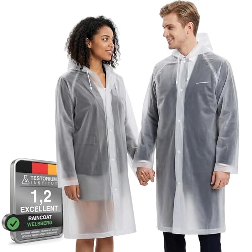 welsberg Poncho de Lluvia Impermeable con Capucha y Mangas, Reutilizable, Chubasquero Impermeable para Hombre y Mujer, Ropa de Agua para Viajes y Exteriores, Talla Única, Transparente