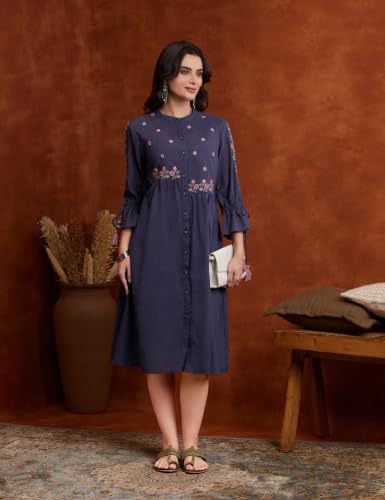 Image of Amazon Brand - Myx Women's Cotton Embroidered Dress | Below The Knee (Available in Plus Sizes)