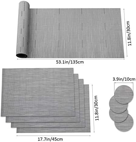 HPMAISON Placemats, 9 Pcs Grey Table Mats Set, 4 Placemats + 4 Coasters + 1 Long Table Mat Resistant Anti Slip Table Place Mats and Coaster Sets for Home Restaurant