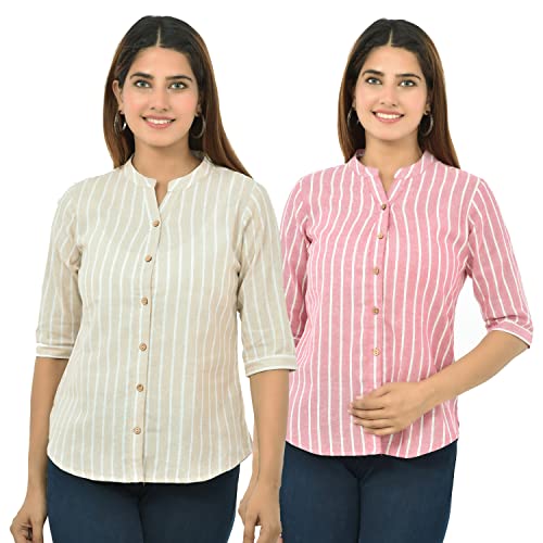 Image of Women /Girls Cotton Stripe Regular Fit Shirts Pack of 2