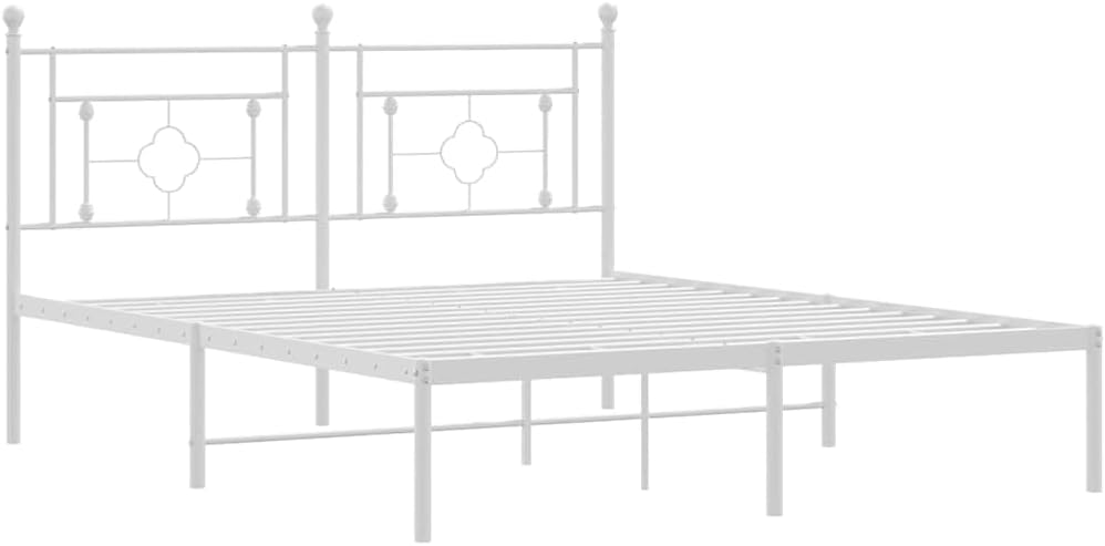 King Size Bed Frame White Powder-Coated Steel Platform Frame with Headboard Sturdy Heavy-Duty Slatted Foundation for Bedroom Mattress Support