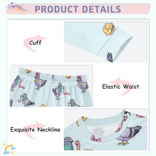 Pajama Sets Long Sleeve Cute Pigeons with Worms Pattern Soft Comfy Sleepwear 2 Piece PJS 3-8T4