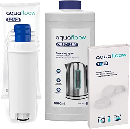 Aquafloow Rundum-Pflegeset für Kaffeevollautomaten Kompatibel mit Delonghi | 3x Wasserfilter komp. mit DLSC002, Reinigungstabletten 10x2g, Reinigungsbürste, 8x Entkalkungstabletten Cover