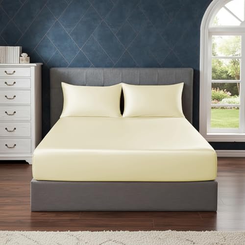 Image of Soft and Silk Satin Fitted Bedsheet for Single Size 36X75 +12 in - Elastic Fitted Sheet 400 TC Hotel Collection for Bedroom | Fitted Sheet with Pillow Cover - Ivory, Single Bed