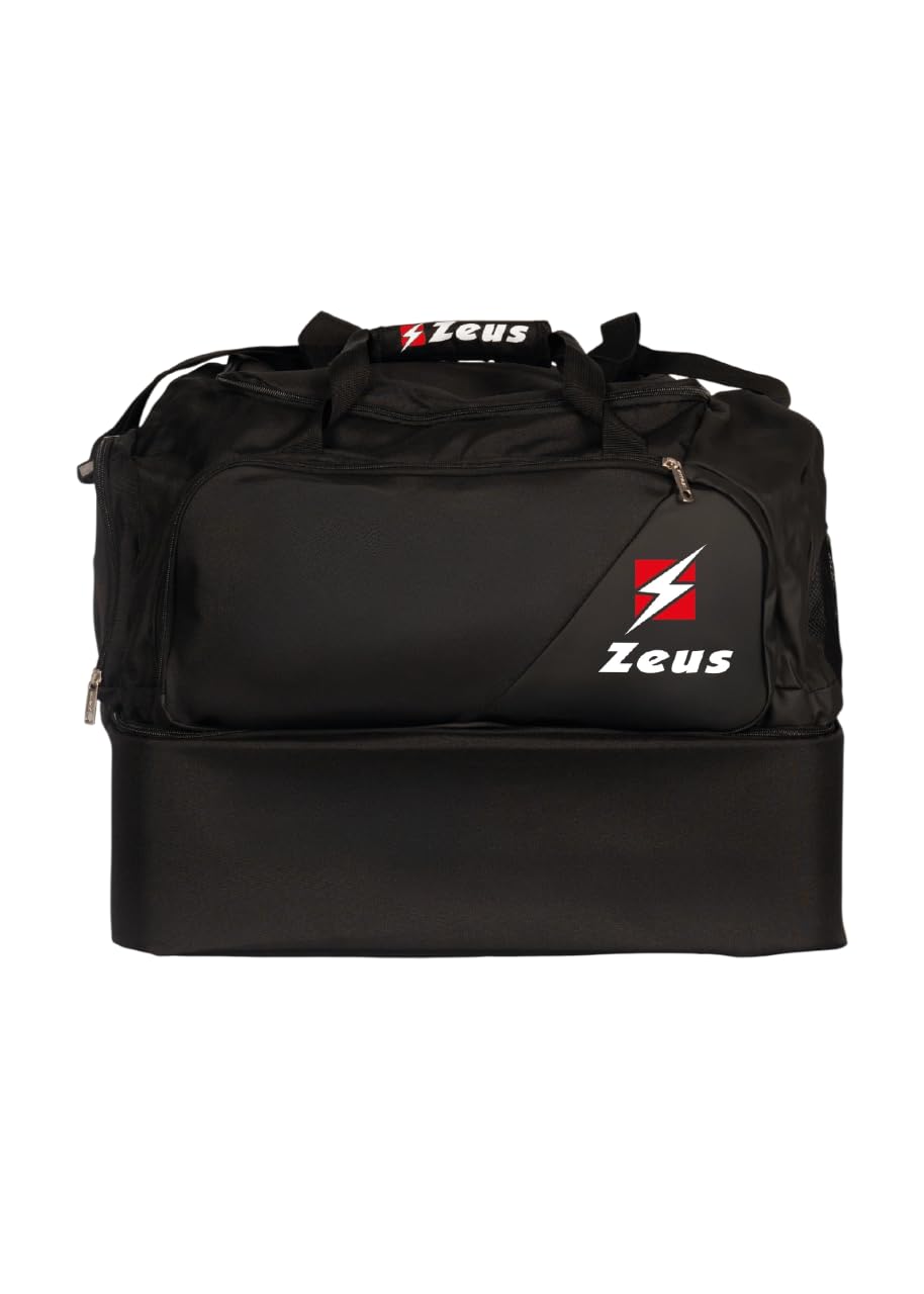 Borsa Voluntas per Zeus Sport Materiale Sportivo Relax Allenamento Fitness Palestra Borsone Borse Borsoni Tascone Frontale Laterale Calcio Calcetto Fondo Rigido (Nero/Nero, H 43 x L 54 x P 30 cm)