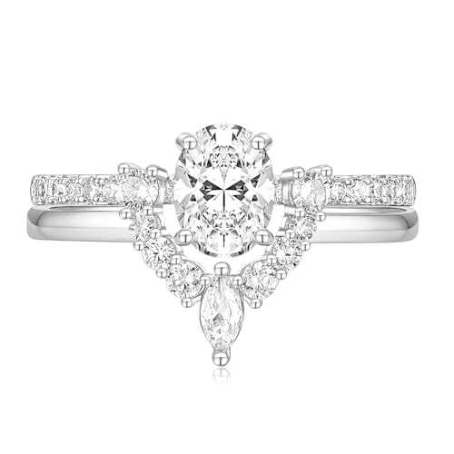 TIGRADE 1.5CT Bridal Ring Sets Oval Cut Cubic Zirconia Wedding Band Curved CZ Engagement Stackable Rings for Women Size 3-12, Silver, Size 12