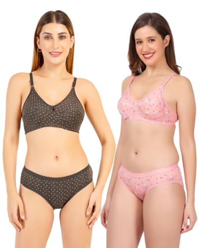 Image of Women Non Padded Wirefree Pure Cotton Printed Multicolor Bra & Penty Set 2 Pack Combo