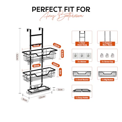 Image of MIORAH Hanging Shower Caddy for Bathroom Aluminium| Bathroom Organiser Without Drill | Bathroom Accessories Storage Organizer Black