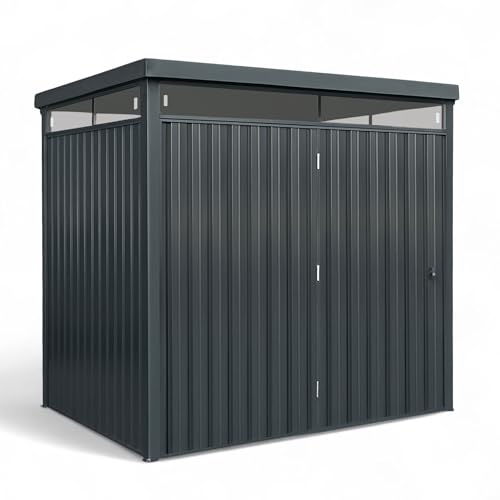 Gerätehaus Metall pulverbeschichtet anthrazit | Geräteschuppen Pultdach 226 x 245 x 204 cm | Tageslichtfenster, Gasdruckdämpfer, hochwertiges Schloss, Lüftungsgitter (4,5 m² Grundfläche)