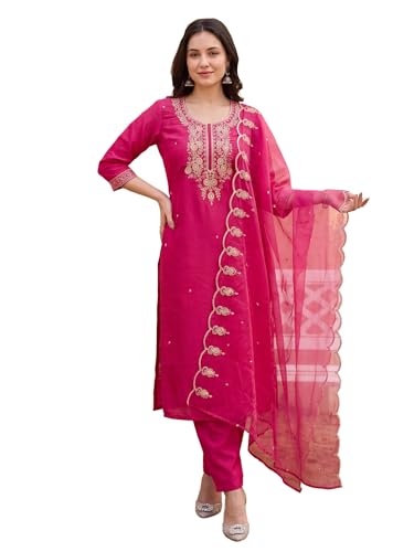 Image of INDO ERA Women's Silk Blend Embroidered Thread Work Kurta & Pant with Dupatta Set | Suit Set For Women