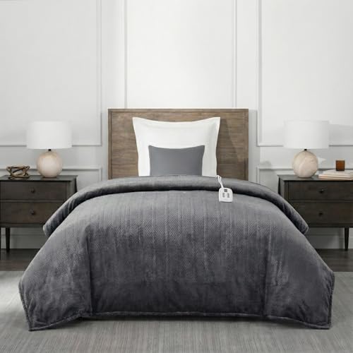 Brookstone Electric Heated Comfort Plush Herringbone Blanket w/ 10 Heat Settings - Adjustable Timer - Dryer Safe - Twin Blanket - Gray