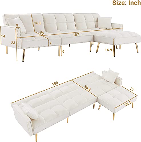 Ucloveria Sectional Sofa Couch, Convertible L-Shaped Sofa Bed With Adjustable Backrest & Movable Ottoman & 2 Toss Pillows, 3 In 1 Multi-Function Sleeper Sofa For Living Room Bedroom, Cream White #TOP1