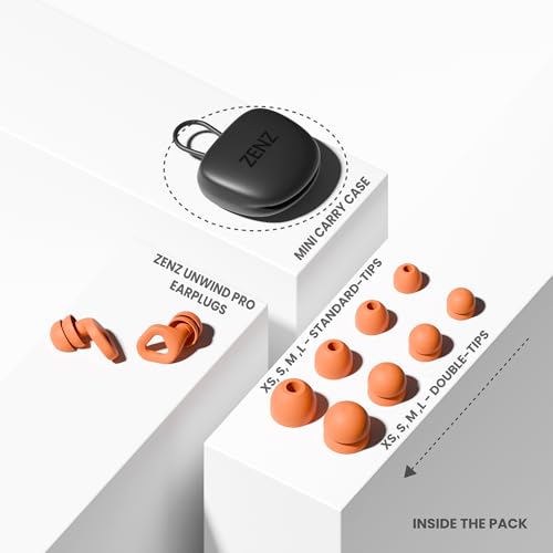 Image of Zenz Unwind Pro Ear Plugs for Sleeping, Soft Silicone Reusable Earplugs for Snoring, Yoga, Reading & Travel, 35dB Noise Reduction, 4 Sizes XS /S /M /L, Secure Fit with Case (Blaze Orange, One Size)