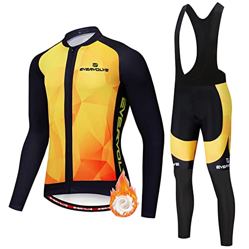 Vêtements Cyclisme Homme Hiver Tenue de Cycliste Manche Longue,Maillot Velo VTT en Polaire Thermique Jerseys et Pantalon à Bretelle avec 19D Coussin Gel,Ensemble de Combinaisons Cycling Route(12,XL) Cover