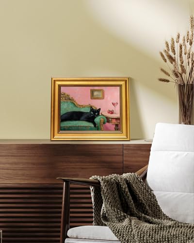 Image of VIYYIEA Vintage Gold Framed Wall Art for Living Room, Black Cat Canvas Prints Home Decor, Oil Painting Picture, Bedroom Wall Decor Gifts for Friends or Family -【Lying Cat】-(10L x 8W)