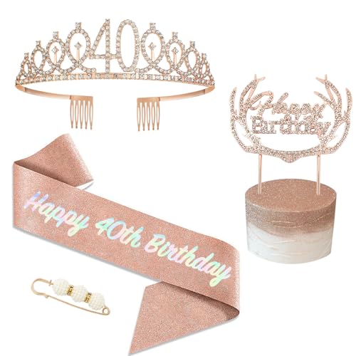 POPOYU Écharpe et Couronne 40 Ans - Kit Cadeau Anniversaire Or Rose pour Femme - Topper Gâteau Cristal, Tiara et Décoration