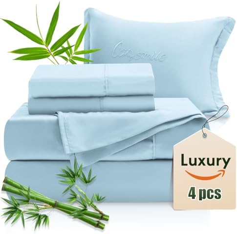 Bamboo Sheets Queen Sheets Set,100% Organic Viscose Derived from Bamboo Bed Sheet Set,Luxuriously Soft & Cooling,4 Pcs Bedding Set with Deep Pockets, Wrinkle Free,Double Stitched Seams( Sky Blue ) - Thumbnail 2