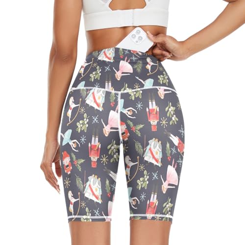 Aflyko Christmas Women Yoga Shorts Nutcrackers Soldier Ballet Holly Leaves 8
