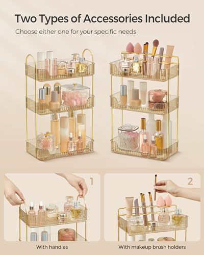 Image of SONGMICS Makeup Organizer, 3-Tier Countertop, Customizable, Champagne Gold | Customizable skincare organizer countertop, 2 types of accessories, jewelry holder, for vanity, bedroom, bathroom UJKA013A01