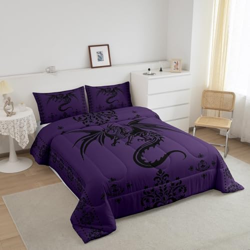 Image of Feelyou Dragon Bedding Set Kids Boys Teens Gothic Damask Paisley Floral Comforter Set Twin Size Women Bohemian Exotic Duvet Insert Animal Theme Room Decor,Purple Black