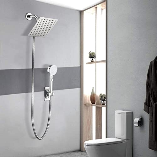 Proox Dual Shower Head With Handheld Combo, High Pressure Square 8'' Rain Shower Head With Handheld On/Off Switch Button With 72 Inch Extra Long Flexible Hose - Chrome #TOP6