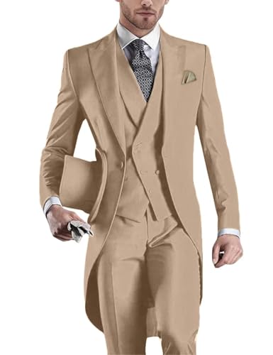 Wrycay Men's Suit 3 Piece Slim Fit Tailcoat Tux for Wedding Banquet Party Long Tail Tuxedos Double Breasted Vest & Pants Set, Dark Brown, XL