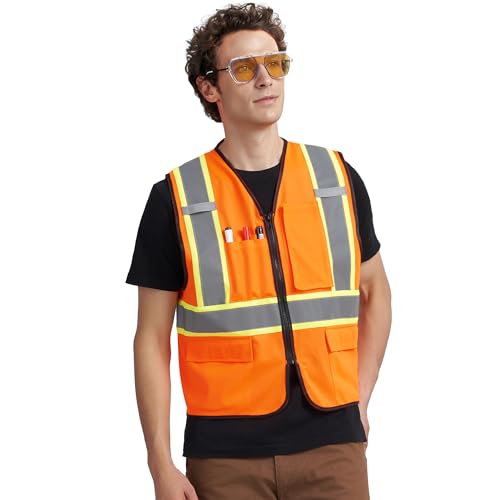 A-KSAFETY Large orange Safety Vest for Men Women with Pockets and Zipper