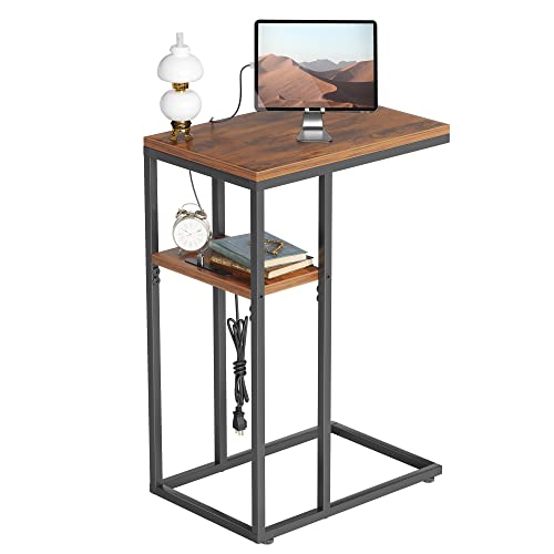 Cubicubi Snack Side Table With Outlet, C Shaped End Table With Usb For Sofa And Bed, Small Side Couch Table For Living Room Bedroom With Charging Station, Simple Assembly, Deep Brown #TOP22