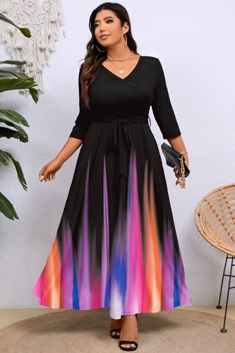 Image of Runwind Plus Size Dress for Women - 3 /4 Sleeve V Neck Maxi Dresses for Women (XL-6XL)
