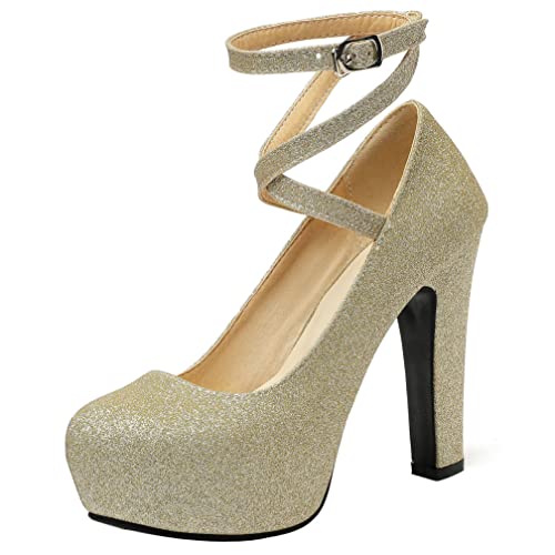 KISSASA Womens Glitter High Heels Cross Strap Round Toe Platform Ankle Strap Pumps Chunky Heel Wedding Party Shoes