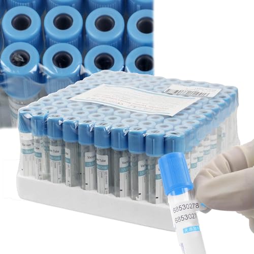 LLOZoo Tubos de extracción de sangre (2 ml), 100 tubos de vidrio al vacío con tapón de rosca azul, tubos de extracción de sangre con citrato de sodio tamponado,2ml