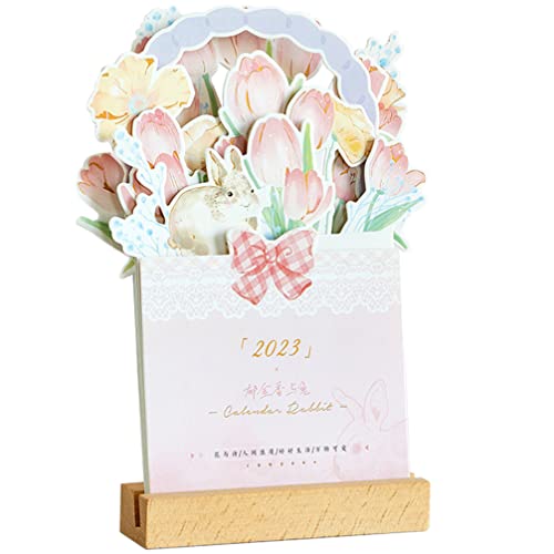 Operitacx 2023 Calendrier Floral en Bois Lapin Calendrier de Bureau Debout Calendrier Mensuel Calendrier Planificateur Calendrier Carte-Insérer Calendrier Papier pour Noël Nouvel an Cover
