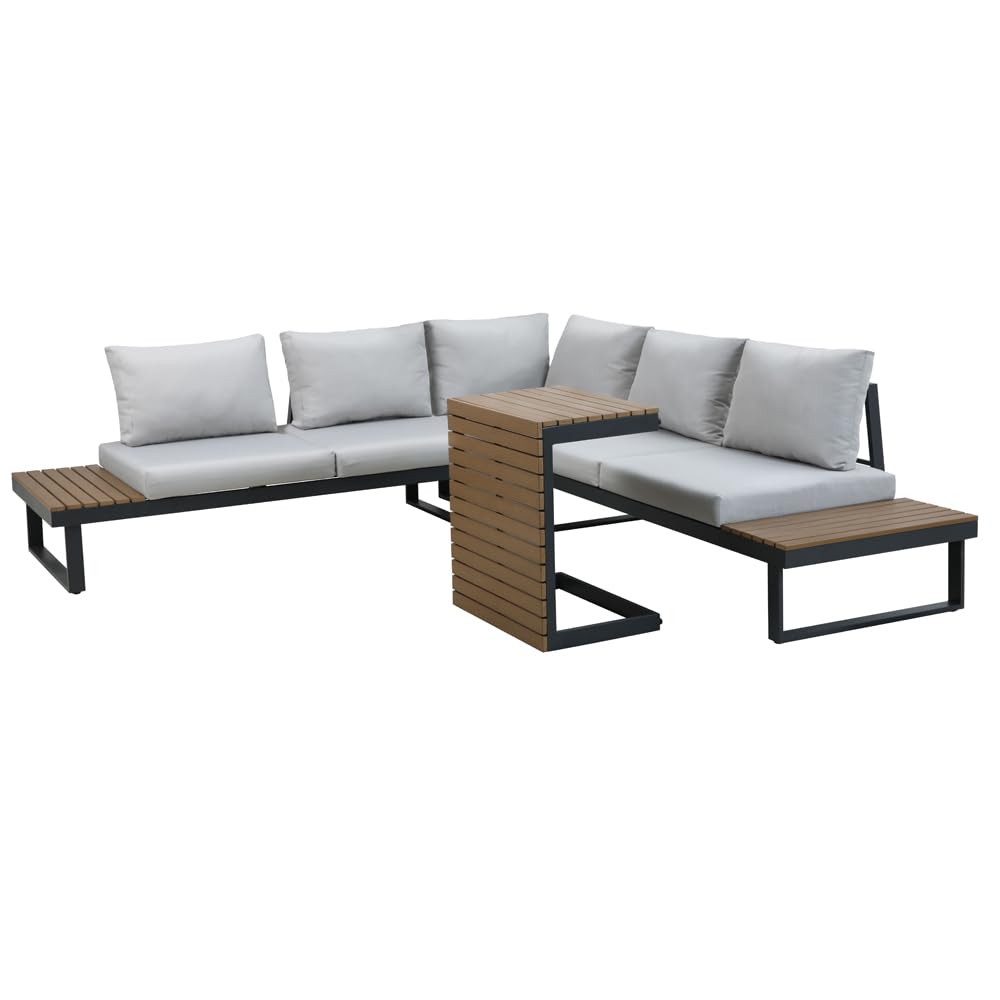 MOMMA HOME Conjunto Muebles de Jardín Rinconera Aluminio y Madera sintética, Terraza y Exterior, Set de Aluminio, Cojines, Mesa, 2 Sofá 2 plazas + rinconera + Mesita Auxiliar (Gray)