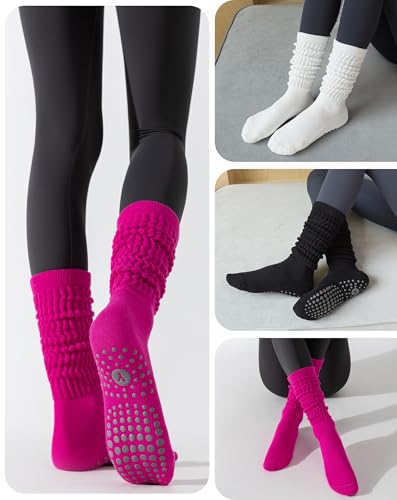 Image of Yawlsow Pilates Socks with Grips for Women Yoga Ruffle Grippy Non Slip Long Slouchy Scrunch Socks for Barre Workout Hospital