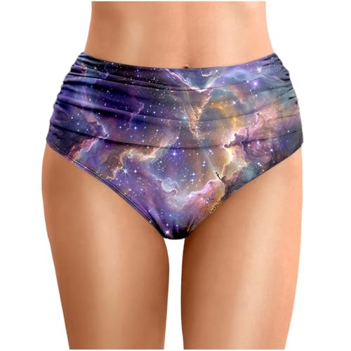 Segadora Bikini Traje de baño de verano para mujer, estampado de cielo estrellado, longitud de talla, plisado, playa, doble capa, triángulo corto que cambia de color, morado, S