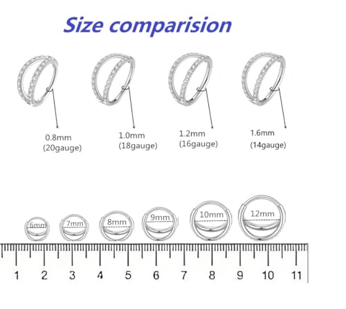 Nose Rings Hoops - 316L Surgical Steel Double Hoop Nose Rings 14G/16G/18G/20G Hinged CZ Conch Piercing Jewelry Septum Lip Rings Cartilage Earring Helix Rook Tragus Daith 6mm/8mm/10mm/12mm3