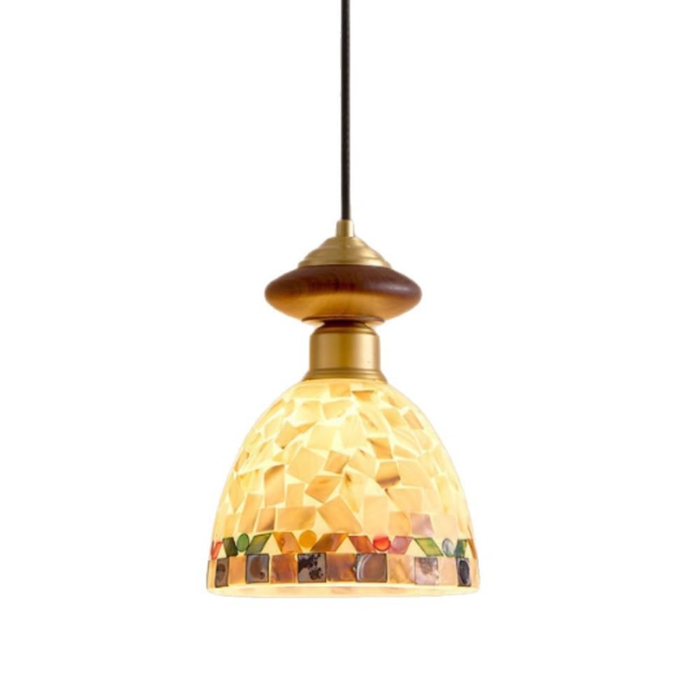 MESOVFCA Retro 5.9-Inch Seashell Inlay Pendant Light, French Walnut Wood Brass Bell Hanging Lamp for Dining Room Kitchen Island Cafe, 3-Color Light 59.1-Inch Cord Base E26