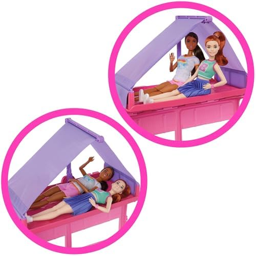 Image of Barbie Dream Camper Playset with Roof Tent, Swing Chair, Fishing Pond, BBQ Grill with Color-Change Feature & 60+ Accessories Including Dough