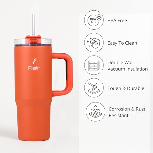 Image of FLAIR Vogue Insulated Tumbler with Lid, 2 Straws & Brush-750ml | Stainless Steel Sipper with Handle | Hot & Cold | Car Cupholder Friendly | Travel, Gym, Gift (Mandarin Orange)