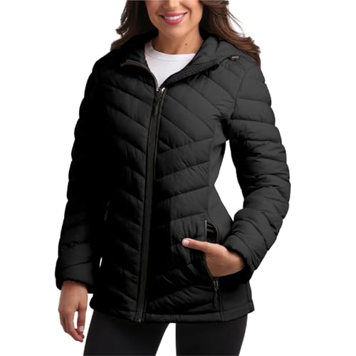 Reebok Womens Puffer Jacket - Midweight Quilted Snow Glacier Shield Full Zip Winter Coat for Women with Hood & Zip Pockets, Size Large, Jet Black