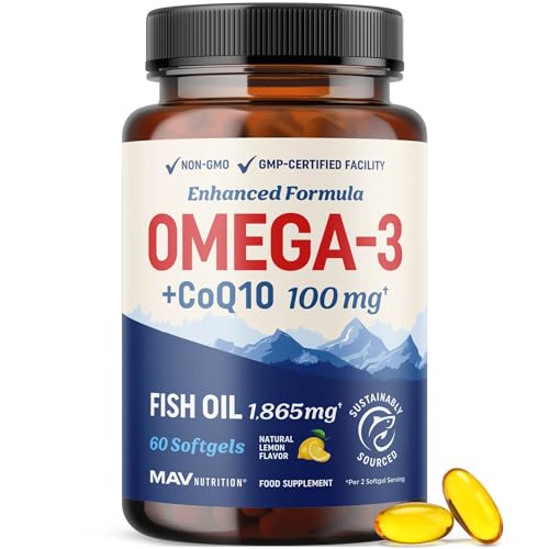 Omega 3 Fish Oil + Co Q10 | 1305MG Omega-3 with CoQ10 100MG for Heart Health, Cellular Energy, and Antioxidant Support | Co Q 10 + Omega3 | Coenzyme Q10 Fish Oil Supplements | Non-GMO | 60 Ct