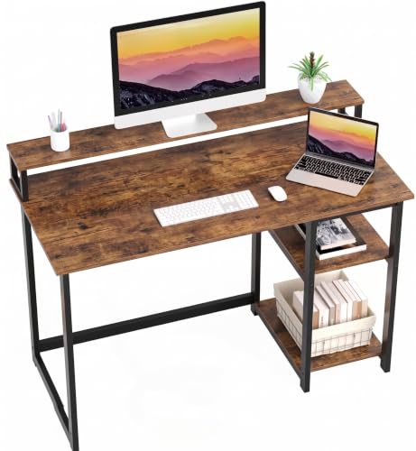 Image of Study Table with Monitor Stand| Small Home Office Desk with Ergonomic Monitor Stand| Reversible Computer Desk| Modern Study Desk| Laptop Desk| Rustic Brown| 150x60x75 CM