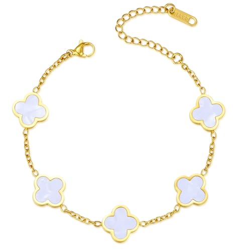 URSUNDAOP Gold Bracelets for Women‌,Four Leaf Clover Bracelet‌,Fashion Jewelry for Women,Lucky Bracelet for women,Gifts for Women,Double-sided Same Color,18K Gold-plated Titanium Steel(white)