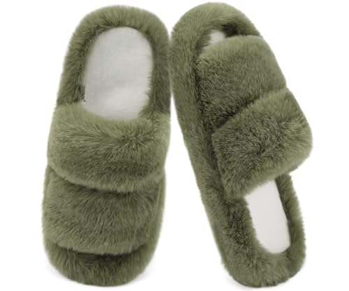 COFACE Women's Fuzzy Slippers Memory Foam Open Toe Slip On House Shoes Size 5-11