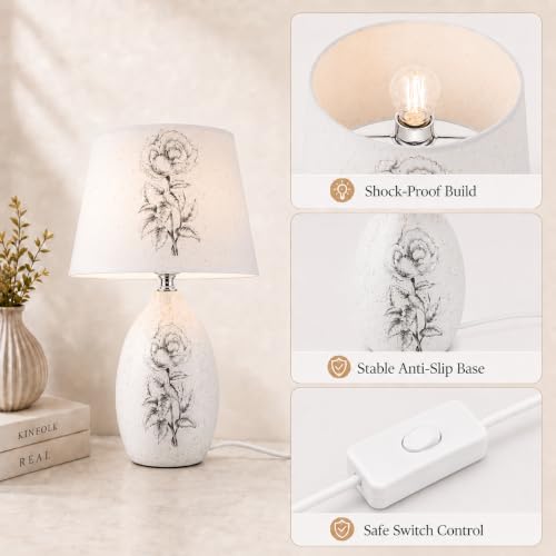 Image of ELARE Ceramic Table Lamp with Floral Printed Fabric Shade, LED Bulb Included, Bedside Lamp for Girls Bedroom, Living Room & Home Decor, White (38 cm)