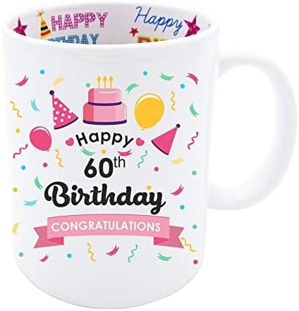 Mainly Mugs 60th Birthday Gift Keepsake for Women Pink Happy Birthday Design also with Print Inside Coffee Mug