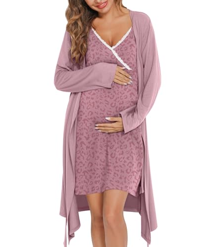 Image of SWOMOG Womens Maternity Robe Set 2 PCS Nursing Nightgown for Breastfeeding 3 in 1 Labor Delivery Nursing Print Lace Bathrobe, Small, Taro Purple