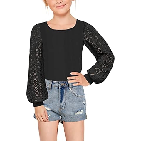 Geckatte Girls Long Sleeve T-Shirts Lace Crewneck Casual Plain Stretchy Ribbed Knit Blouses Tops 5-14 Years Black Cover