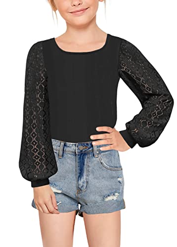 Image of Geckatte Girls Long Sleeve Shirts Square Neck Ribbed Blouse Lace Tops | Casual, Solid, Kids Cute Lace Puff Sleeve Tees, Lantern Long Sleeve, Ribbed Knit T Shirts, 5-14 Years