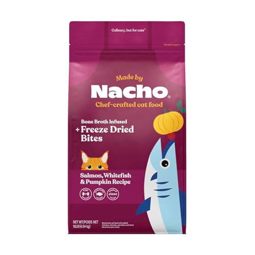 Made-by-Nacho-Dry-Cat-Kibble-10lb-Bag-High-Protein-Premium-Cat-Food-with-Freeze-Dried-Pieces-Sustainably-Caught-Salmon-Whitefish-Pumpkin-Limited-Ingredients-Single-Bag Made by Nacho Dry Cat Kibble 10lb Bag, High Protein Premium Cat Food with Freeze Dried Pieces, Sustainably-Caught Salmon, Whitefish & Pumpkin, Limited Ingredients, Single Bag - Image 1